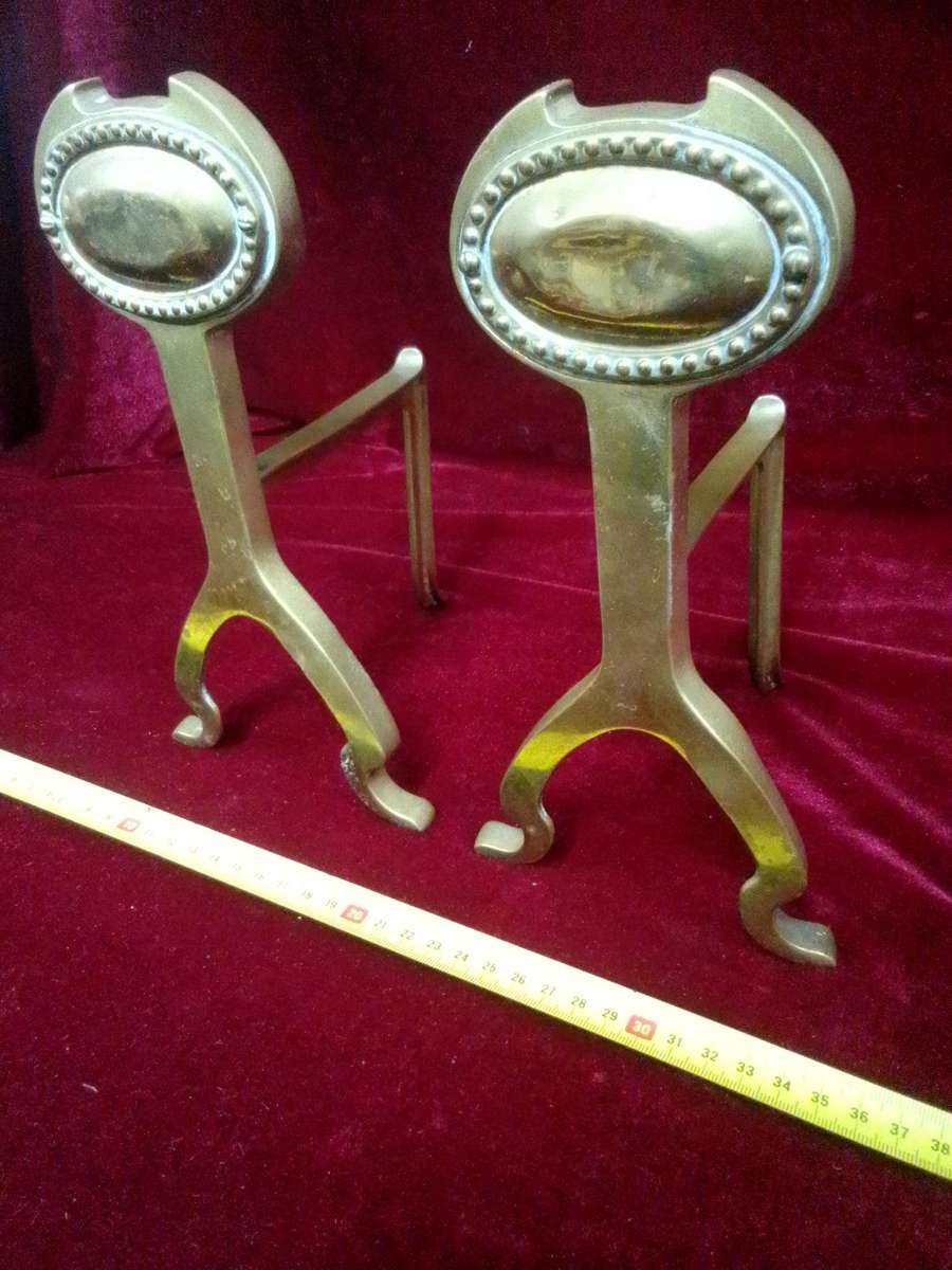 Antique Brass Fire Dogs Andirons - Metal Support Used In Fireplaces To Hold Logs - Good Condition