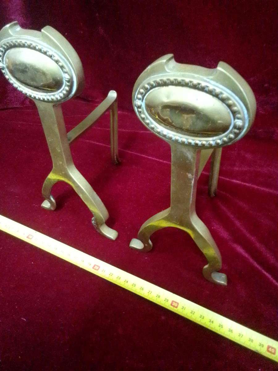 Antique Brass Fire Dogs Andirons - Metal Support Used In Fireplaces To Hold Logs - Good Condition