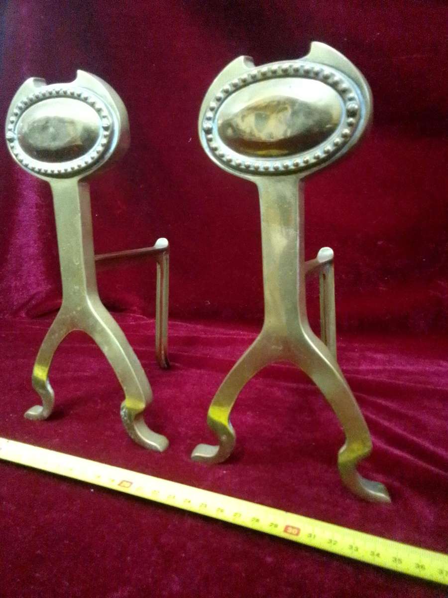 Antique Brass Fire Dogs Andirons - Metal Support Used In Fireplaces To Hold Logs - Good Condition