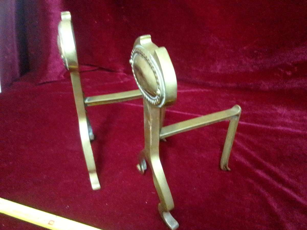 Antique Brass Fire Dogs Andirons - Metal Support Used In Fireplaces To Hold Logs - Good Condition
