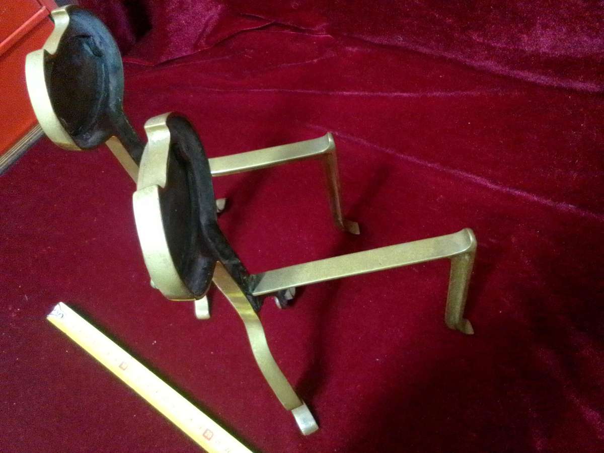 Antique Brass Fire Dogs Andirons - Metal Support Used In Fireplaces To Hold Logs - Good Condition