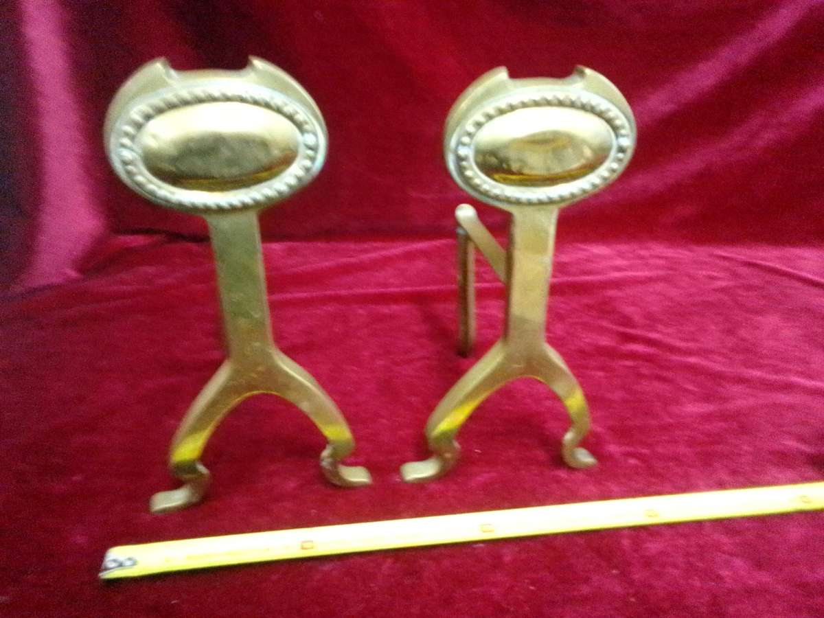 Antique Brass Fire Dogs Andirons - Metal Support Used In Fireplaces To Hold Logs - Good Condition