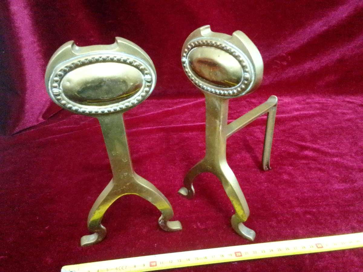 Antique Brass Fire Dogs Andirons - Metal Support Used In Fireplaces To Hold Logs - Good Condition