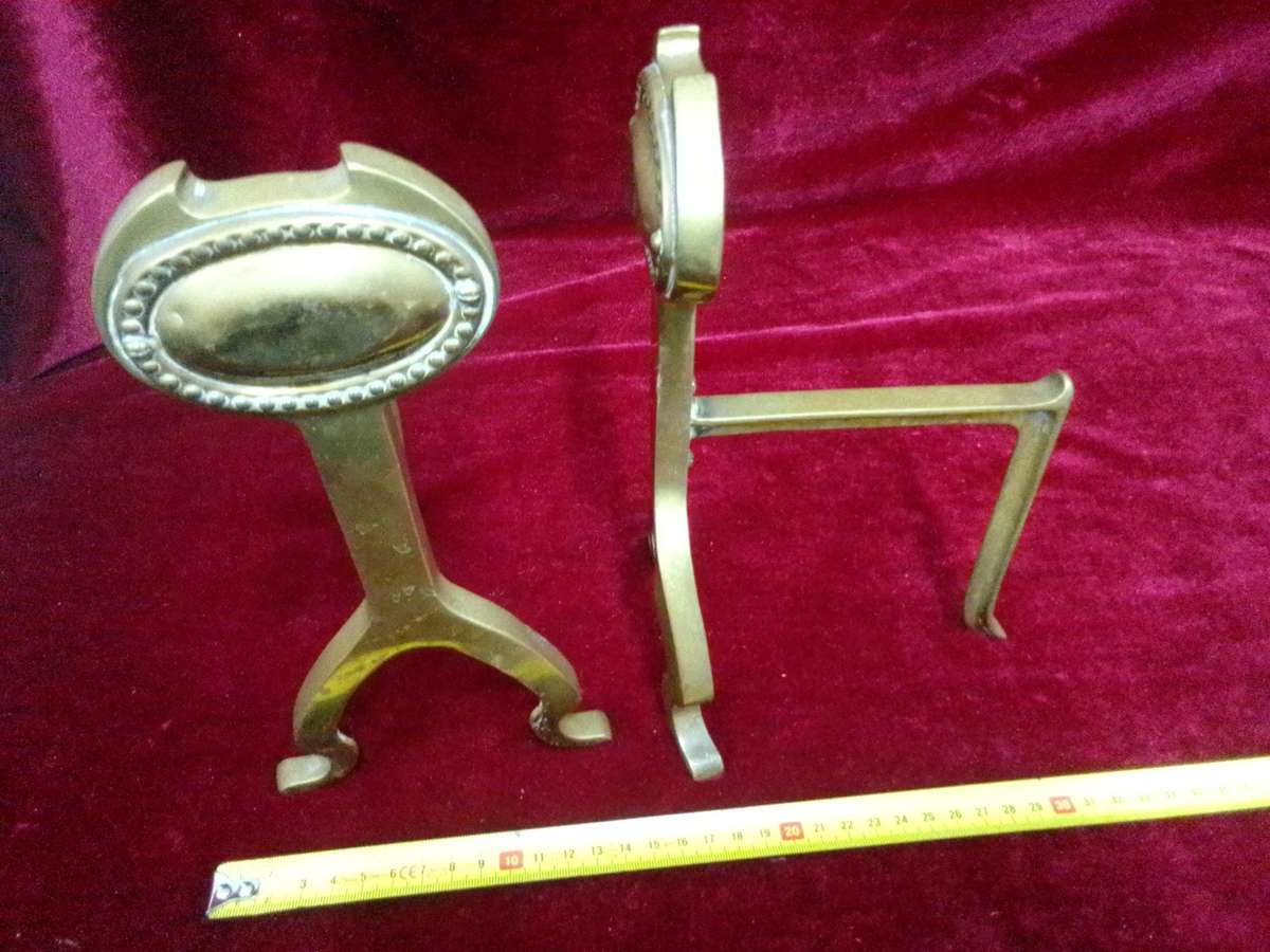 Antique Brass Fire Dogs Andirons - Metal Support Used In Fireplaces To Hold Logs - Good Condition