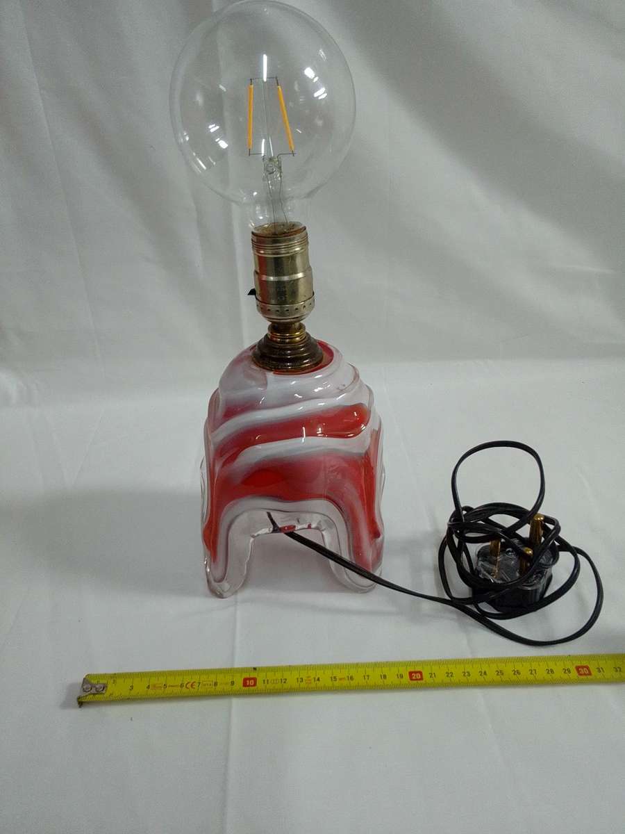 Stunning Retro Marano White And Burnt Orange Glass Swirl Lamp  -Working Condition