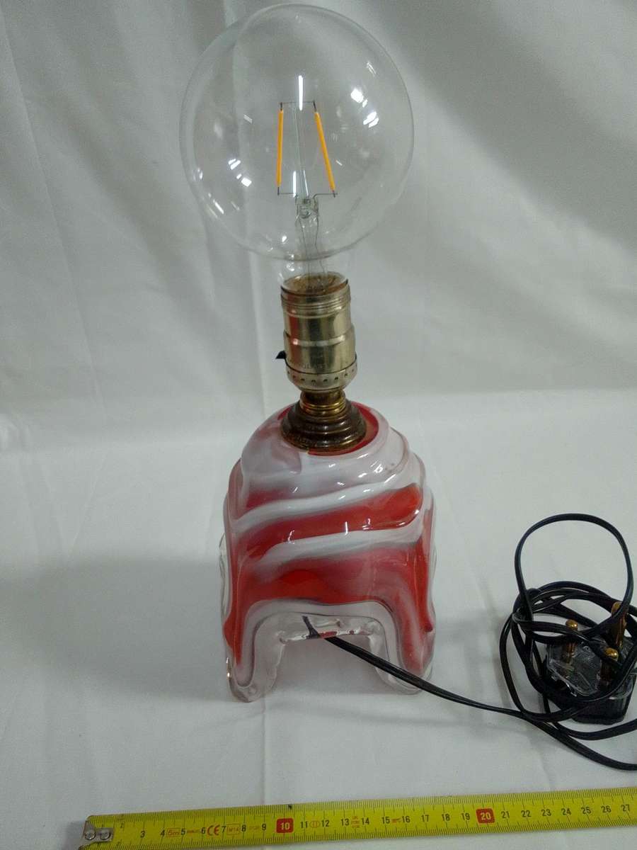 Stunning Retro Marano White And Burnt Orange Glass Swirl Lamp  -Working Condition