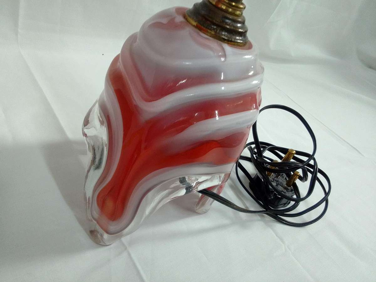 Stunning Retro Marano White And Burnt Orange Glass Swirl Lamp  -Working Condition