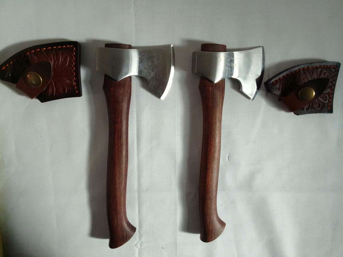 Stunning Two Mini Hatchets Axes With Leather Sheaths - Excellent Condition