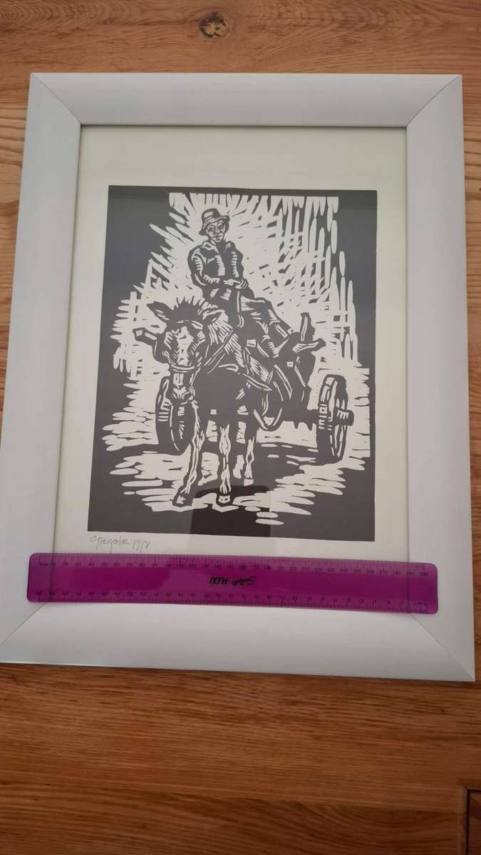 Stunning Gregoire Boonzaier (1909-2005) Linocut "Donkey Cart with Donkey" Signed 1978 -Framed