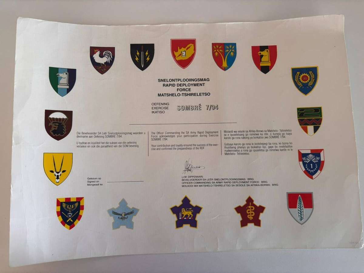 SADF Army Rapid Deployment Force (RDF) Certificate for Exercise SOMBRE 7/94, (1994)