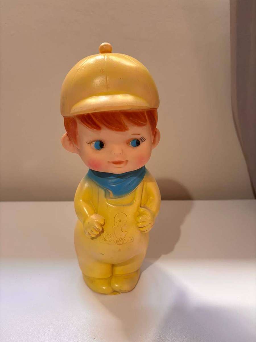 1960's Vintage Large Size Boy Rubber Squeaky Toy in Played Condition and Secondhand 26 cm
