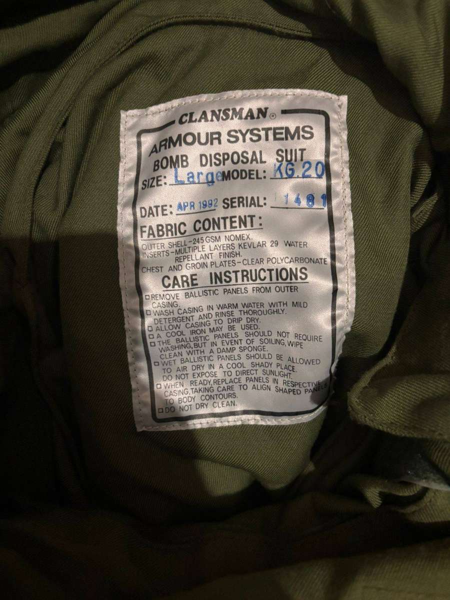 Clansman Armour Systems Bomb Disposal Suit from April 1992, Specifically Model KG.20 in Size Large.