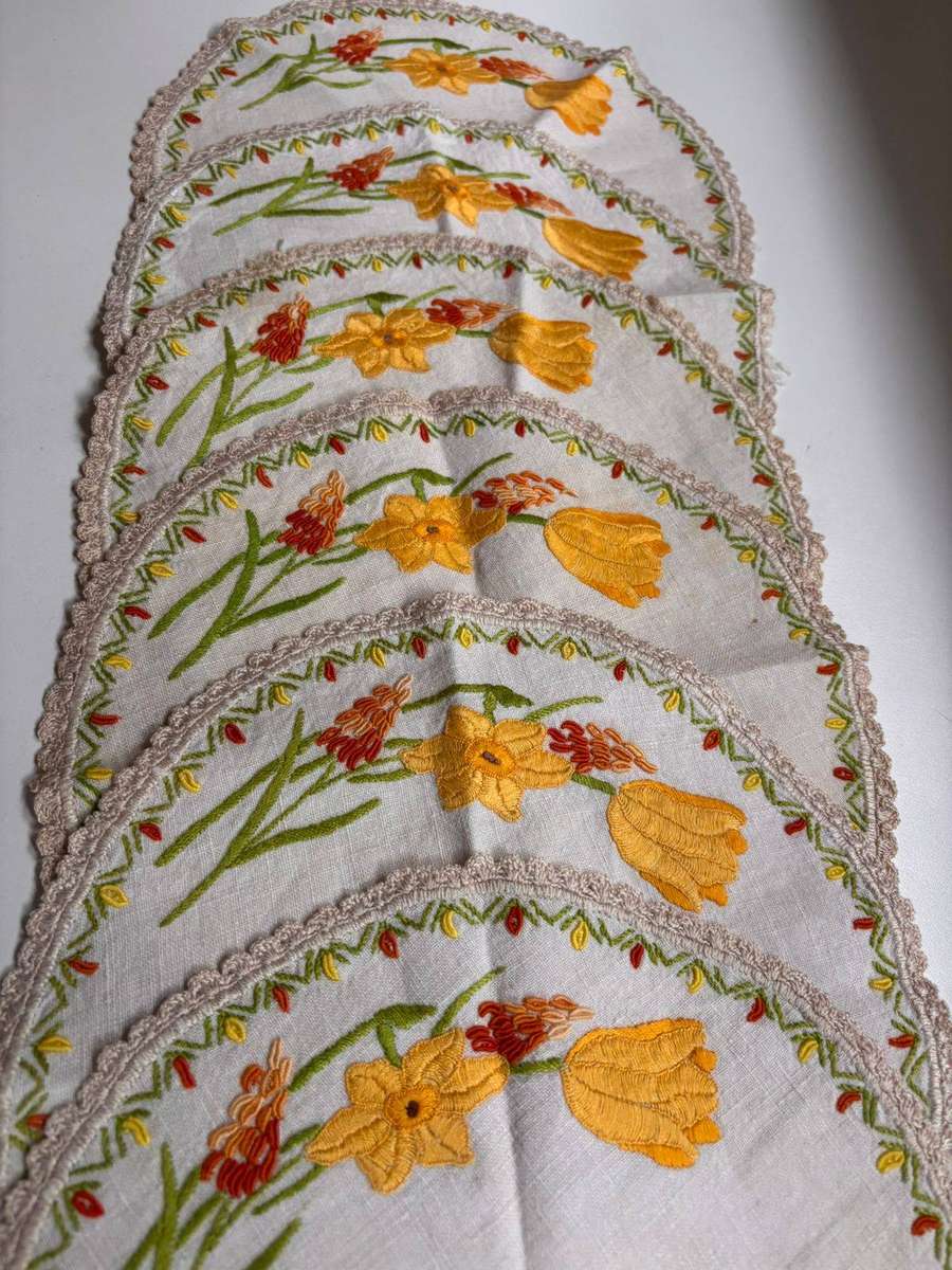 X6 Stunning Embroidered Doilies Feature Delicate Floral Designs and Decorative Scalloped Edges.