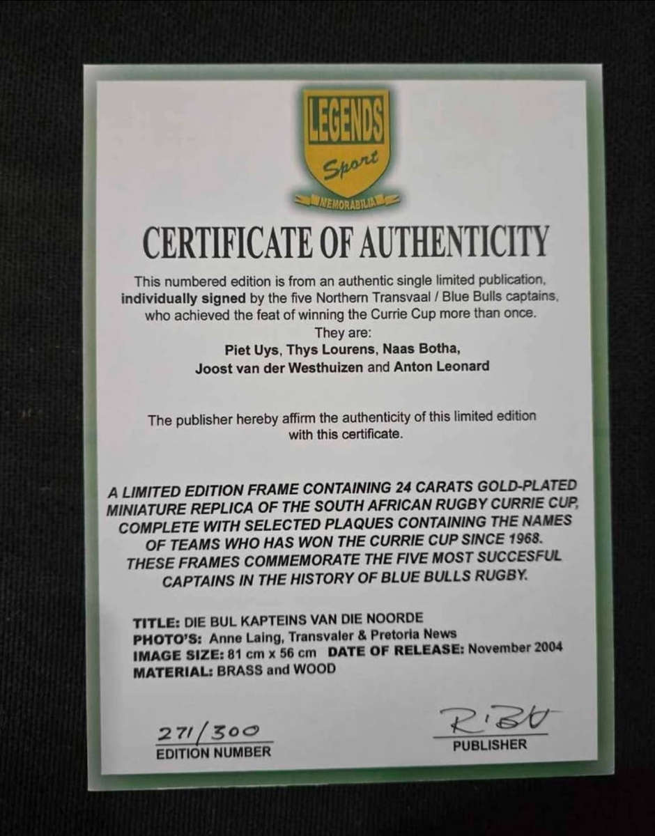 Limited Edition Framed Blue Bulls Rugby Memrobelia With Certifications