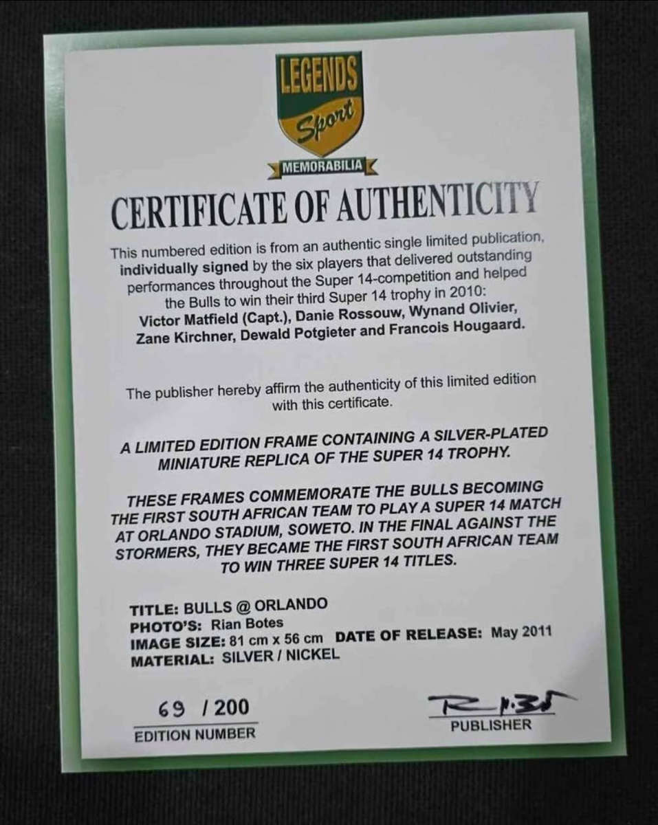 Limited Edition Framed Blue Bulls Rugby Memrobelia With Certifications