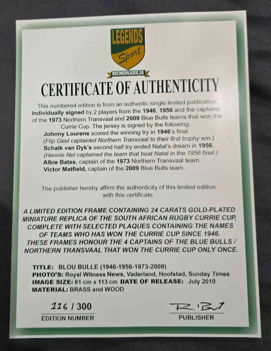 Limited Edition Framed Blue Bulls Rugby Memrobelia With Certifications