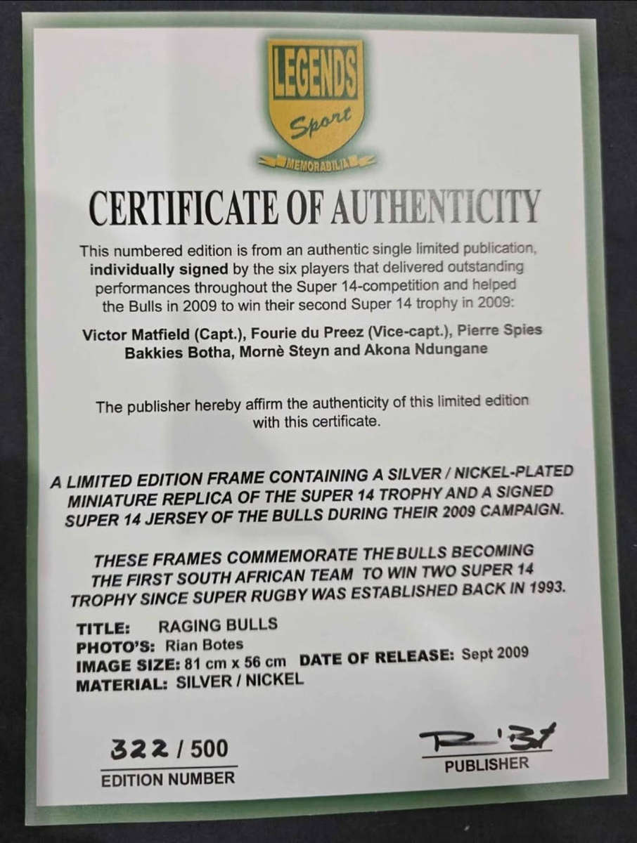 Limited Edition Framed Blue Bulls Rugby Memrobelia With Certifications