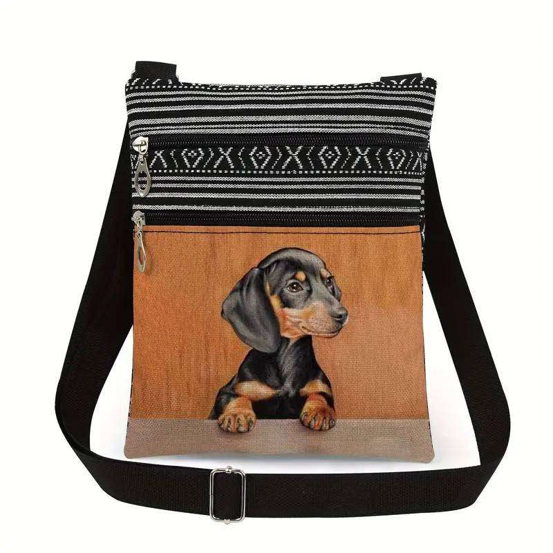 Cute Dachshund Crossbody Bag with Double Zipper and Adjustable Strap