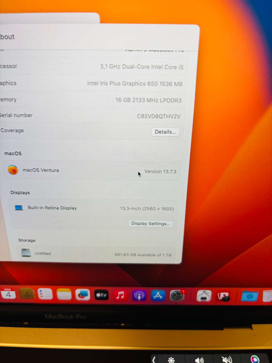 Macbook Pro 2017 13-inch Retina Display - Intel Core i5 - 16GB RAM - 1TB SSD - Touchbar & TouchID