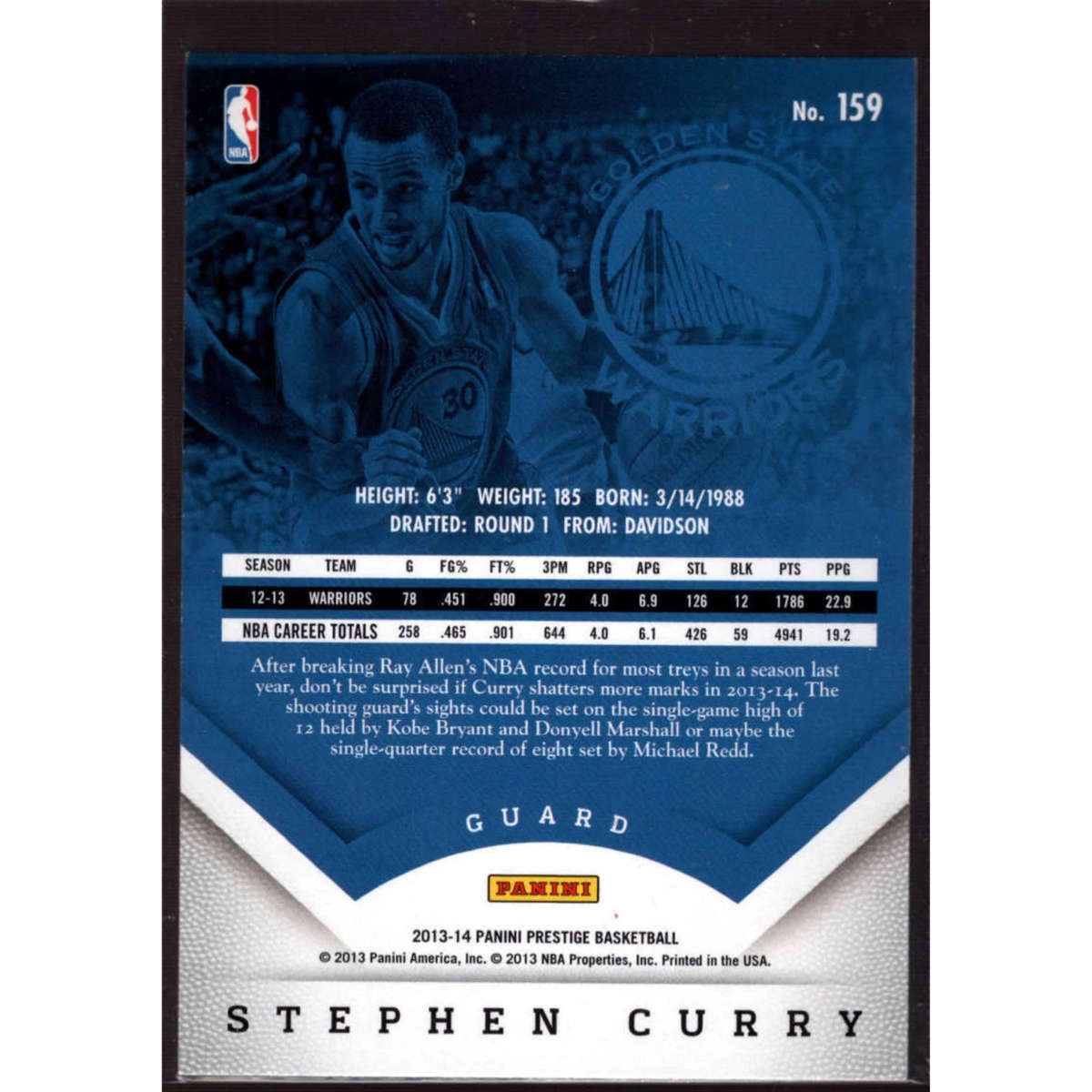 2013-14 Panini Prestige #159 Steph Curry Golden State Warriors Basketball Card