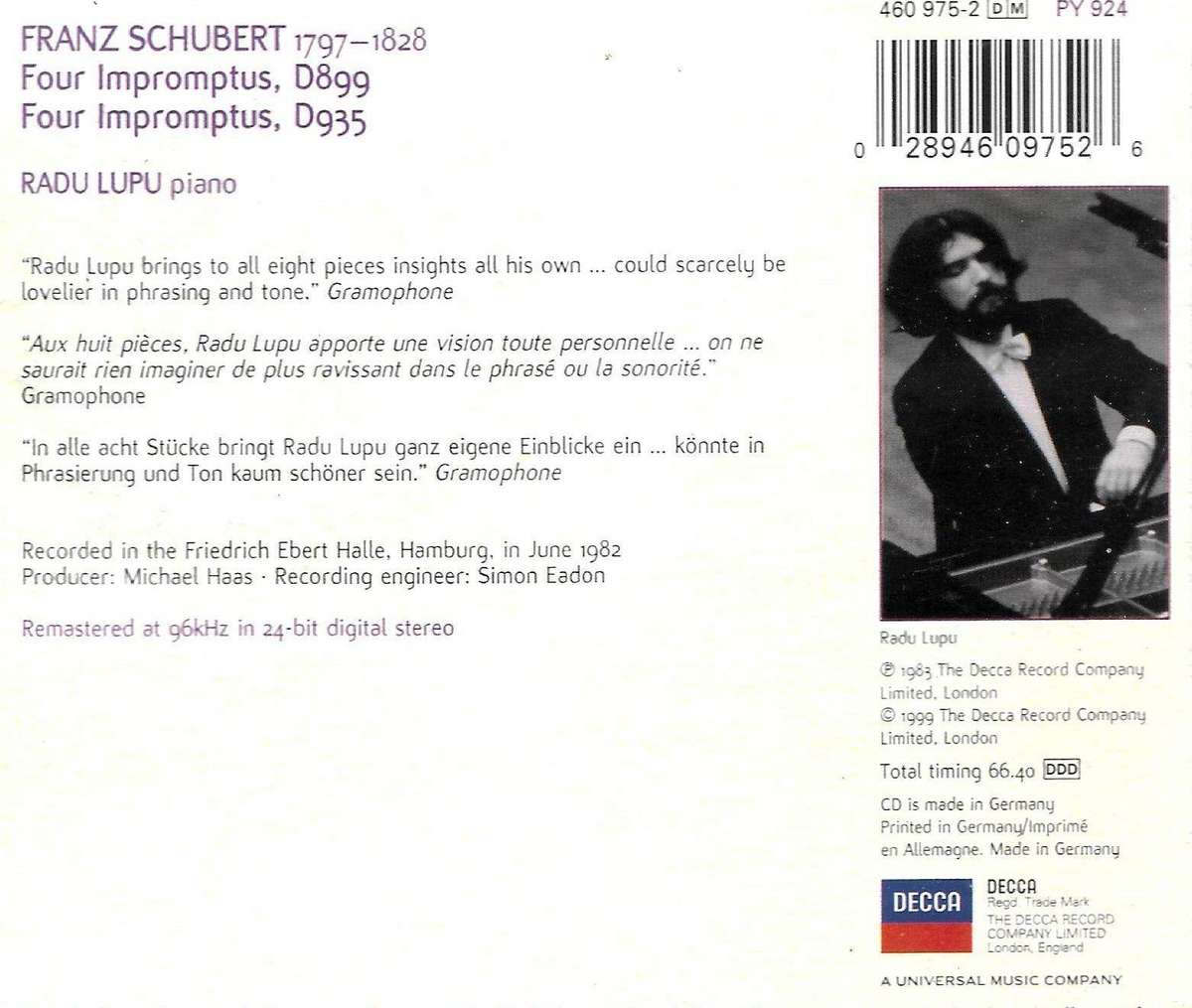 SCHUBERT  IMPROMPTUS D899 & D935  RADU LUPU
