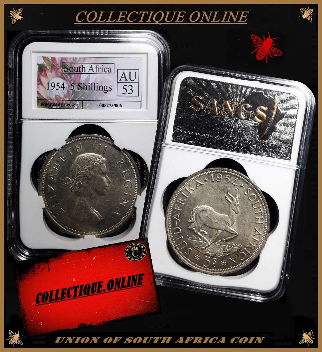 1954 : Union of S. A. : 5 SCHILLINGS : LOW MINTED : 17.040 : GRADED AU 53 : GRADE By S.A.N.G.S.