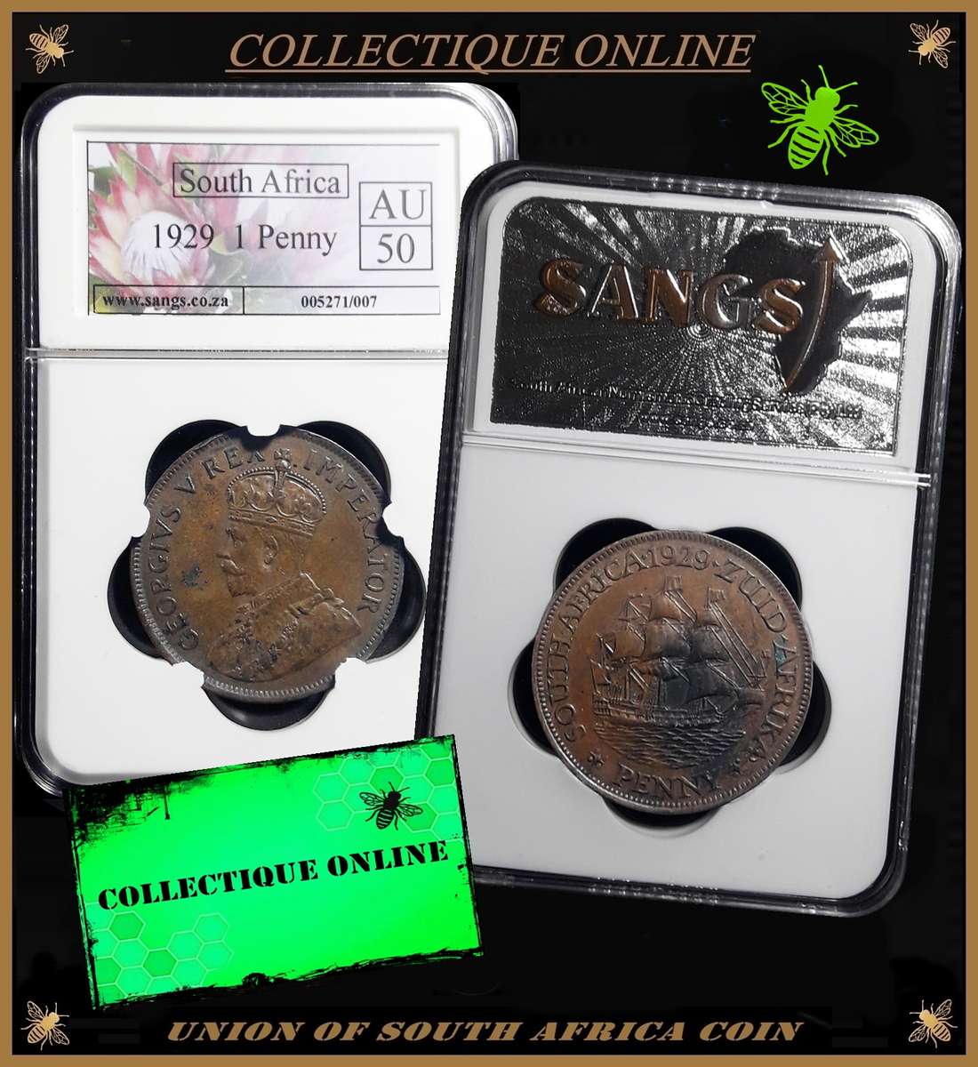 1929 : UNION of S. A. : 1 PENNY : EXCELLENT COIN in AU 50 : GRADE By S.A.N.G.S.