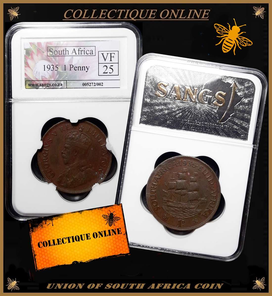 1935 : UNION of S. A. : 1 PENNY : GRADED VF 25 : GRADE By S.A.N.G.S.