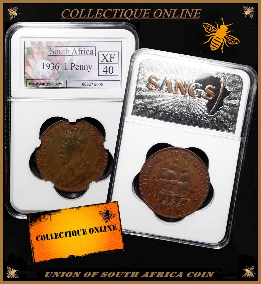 1936 : UNION of S. A. : 1 PENNY : GRADED XF 40 : GRADE By S.A.N.G.S.