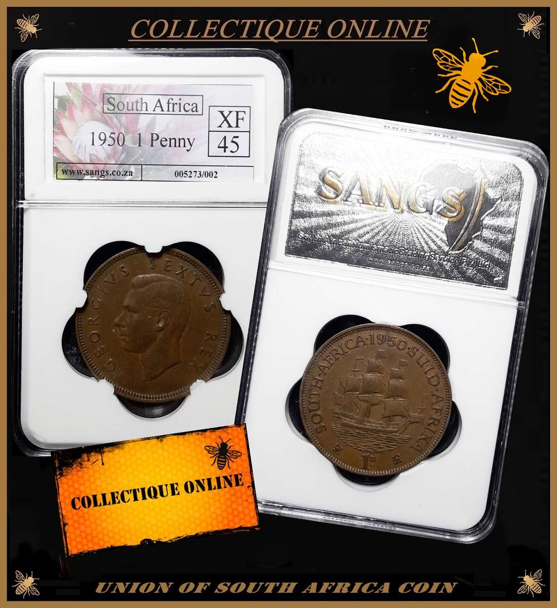 1950 : UNION of S. A. : 1 PENNY : GRADED XF 45 : GRADE By S.A.N.G.S.
