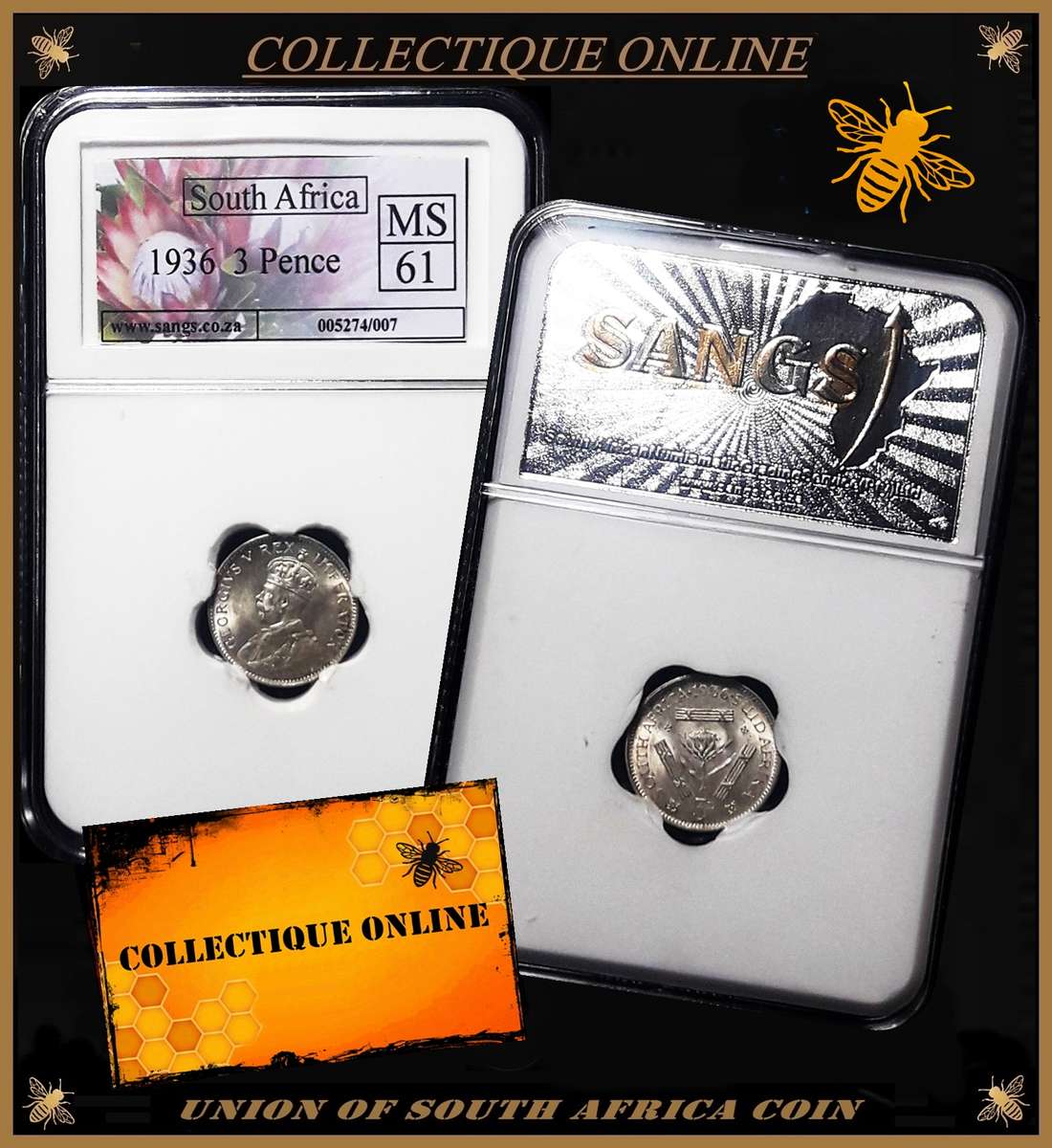 1936 : Union of S. A. : 3 PENCE : EXCELLENT COIN GRADED MS 61 :  GRADE By S.A.N.G.S.