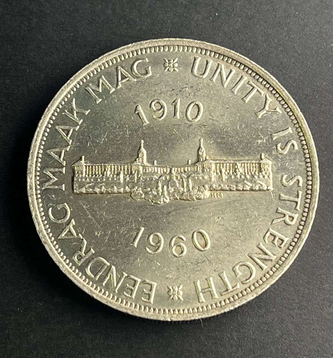 1960 SA five shilling - fiftieth anniversary silver
