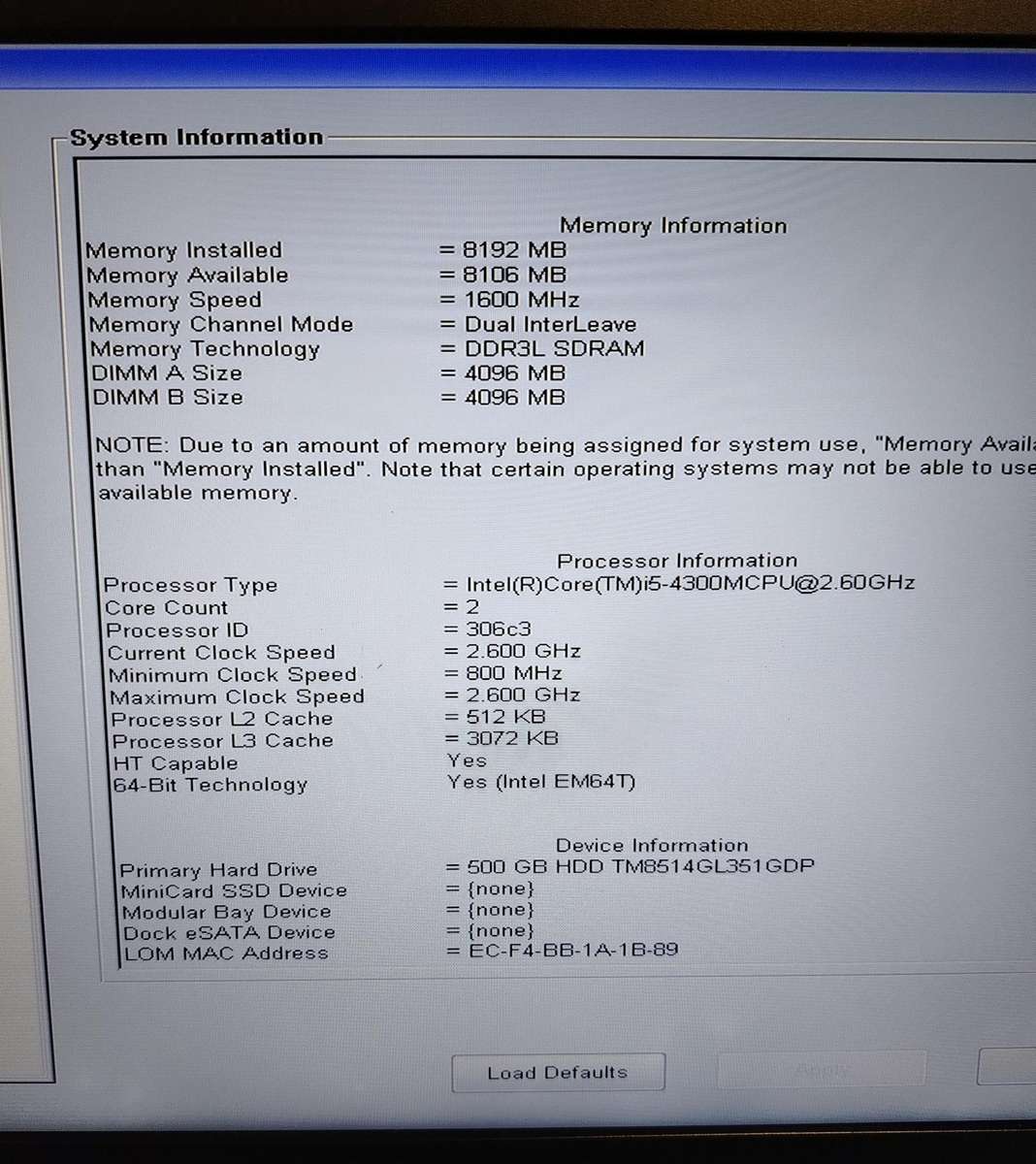 Dell Latitude E6540, Intel Core i5 4300M, 8GB RAM, 500GB HDD