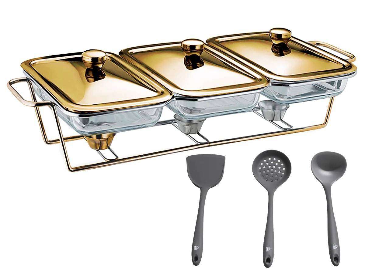 4.5 Liter Triple Pan Glass Chafing Dish with Metal Frame Lids & Silicon Utens (READ THE DISCRIPTION)