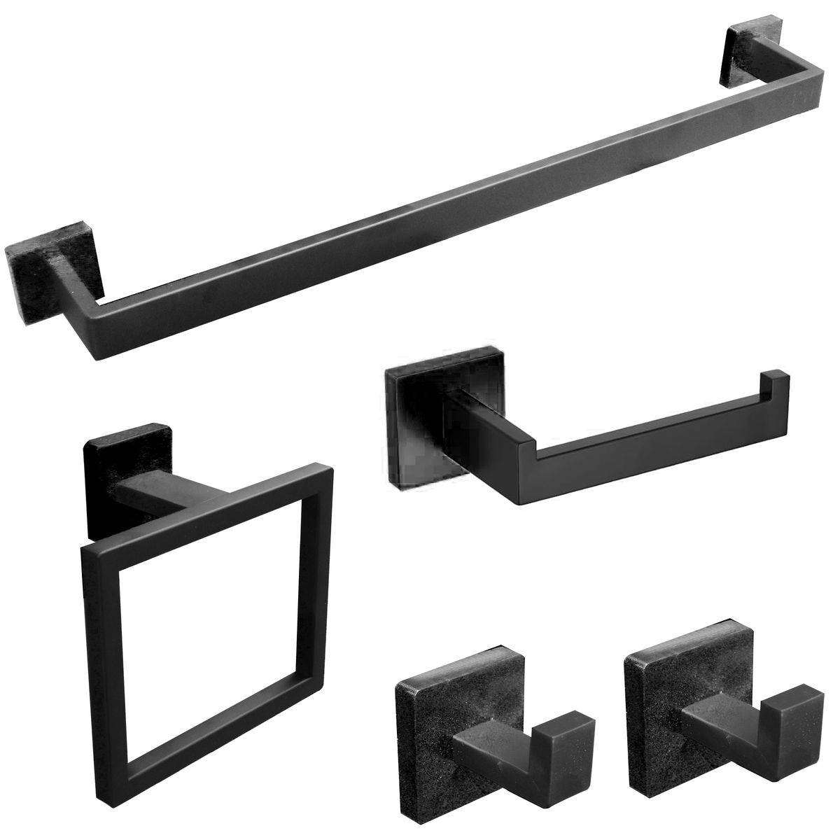 5 Piece Rectangular Tuber DIY Bathroom Accessories Set with Robe Hooks - Black