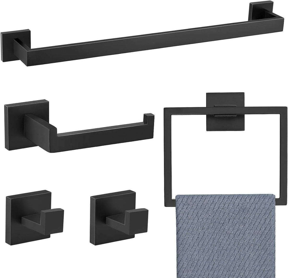 5 Piece Rectangular Tuber DIY Bathroom Accessories Set with Robe Hooks - Black