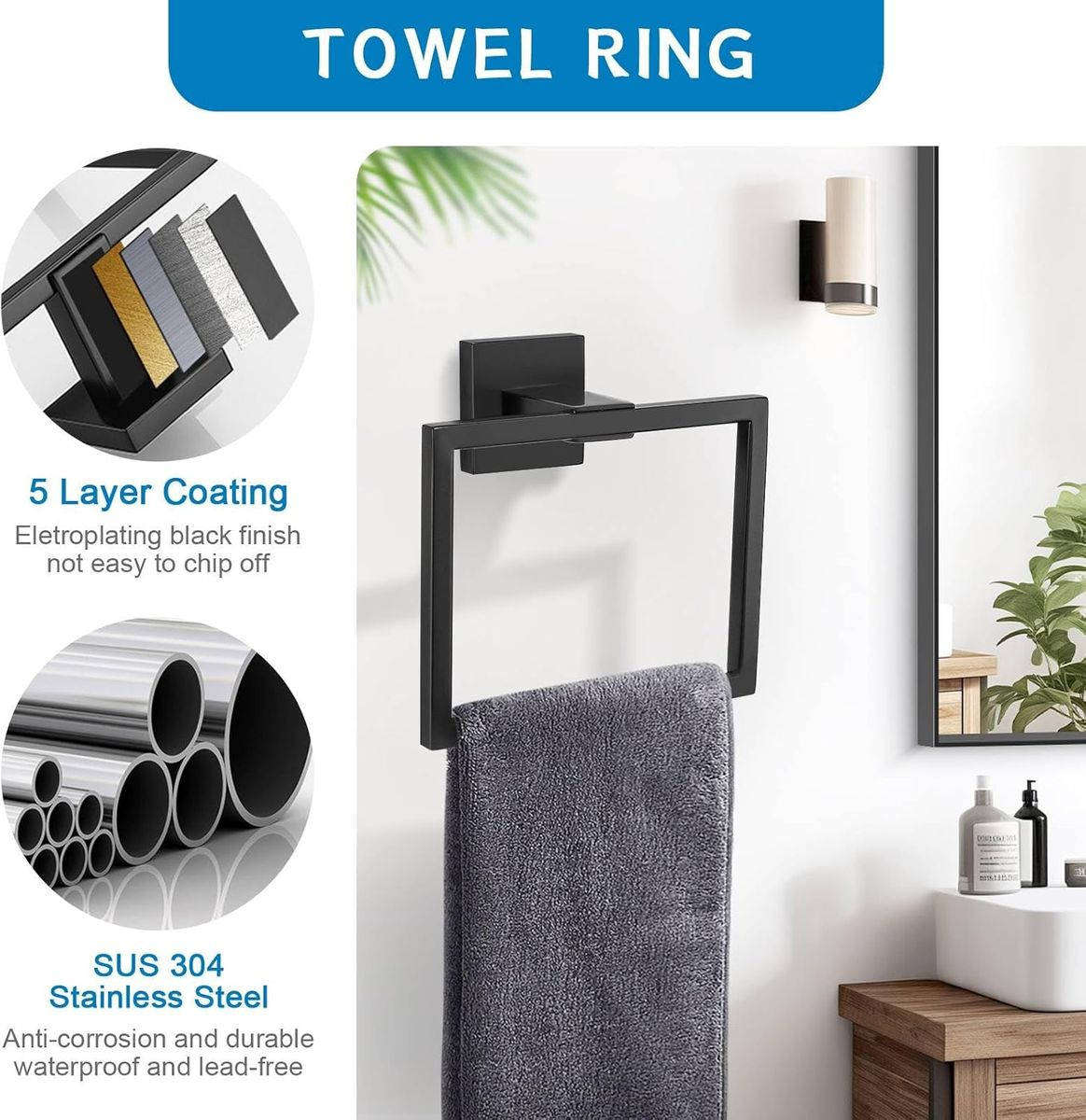5 Piece Rectangular Tuber DIY Bathroom Accessories Set with Robe Hooks - Black