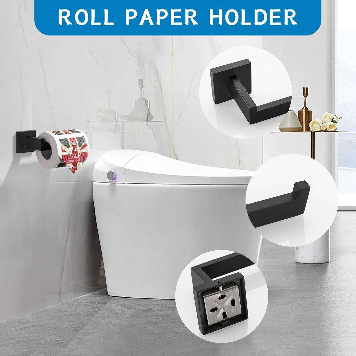 5 Piece Rectangular Tuber DIY Bathroom Accessories Set with Robe Hooks - Black