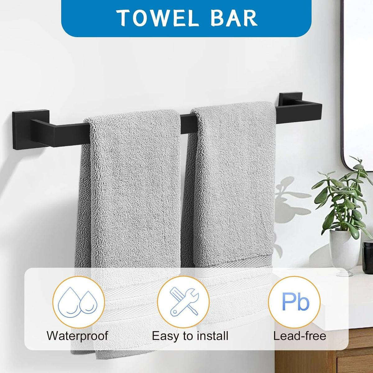 5 Piece Rectangular Tuber DIY Bathroom Accessories Set with Robe Hooks - Black