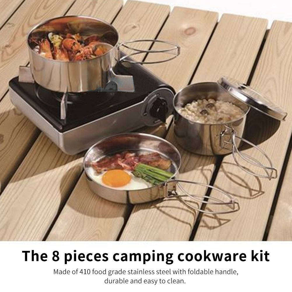 8 Piece Stacked S. Steel Portable Camping Cookware Set for 2 FX-9115