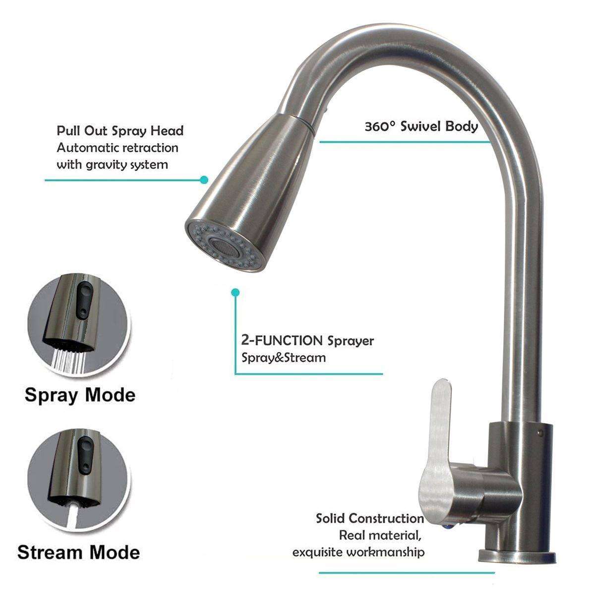 Heavy Duty 6837 R Kitchen Tap Mixer with Self-Retracting Pullout Faucet - SILVER
