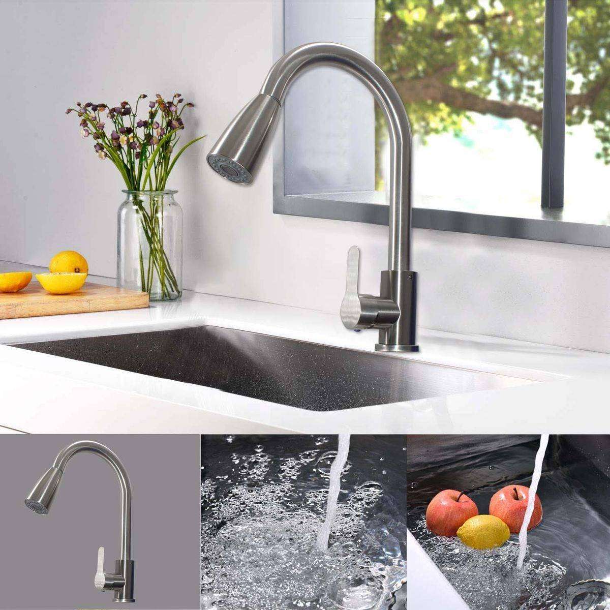 Heavy Duty 6837 R Kitchen Tap Mixer with Self-Retracting Pullout Faucet - SILVER