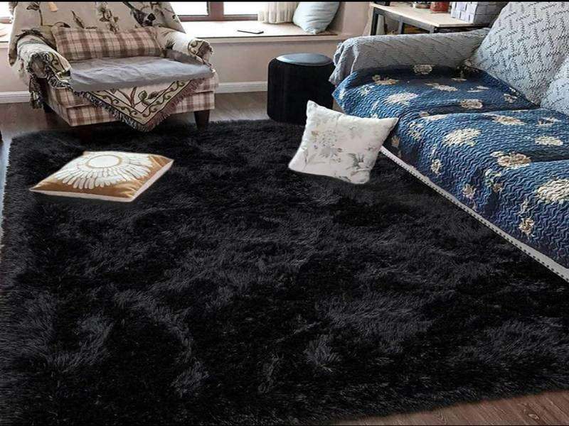 150 x 180cm   Fluffy Carpet - Shaggy & Foldable Rugs black