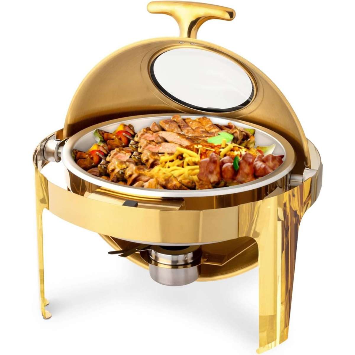 Roll Top Chafing Dish Round with Window - Gold 9 l Single Pan