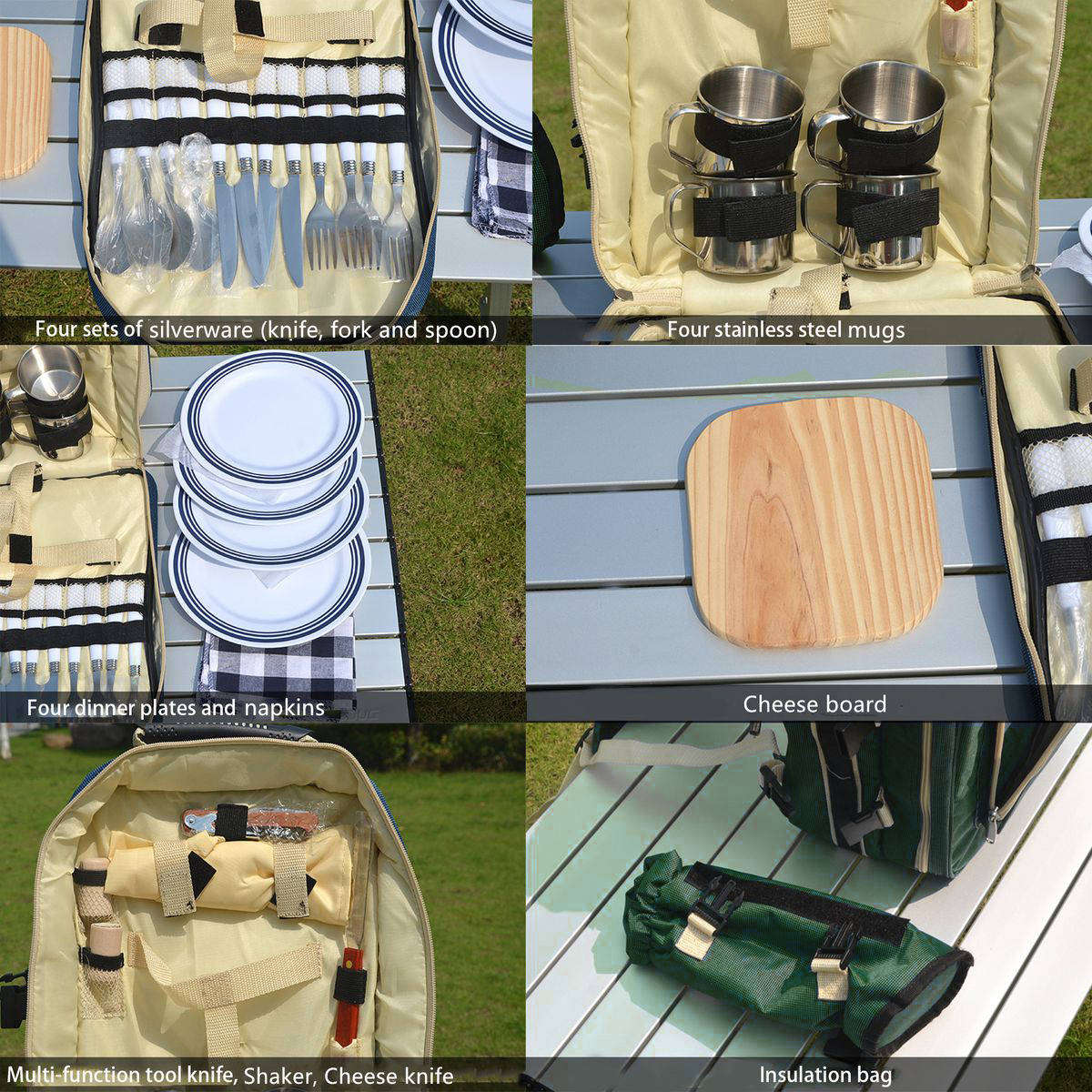 31 Piece Picnic Dining Backpack for 4 with Plates Cutlery Power Flask & Cups - Green