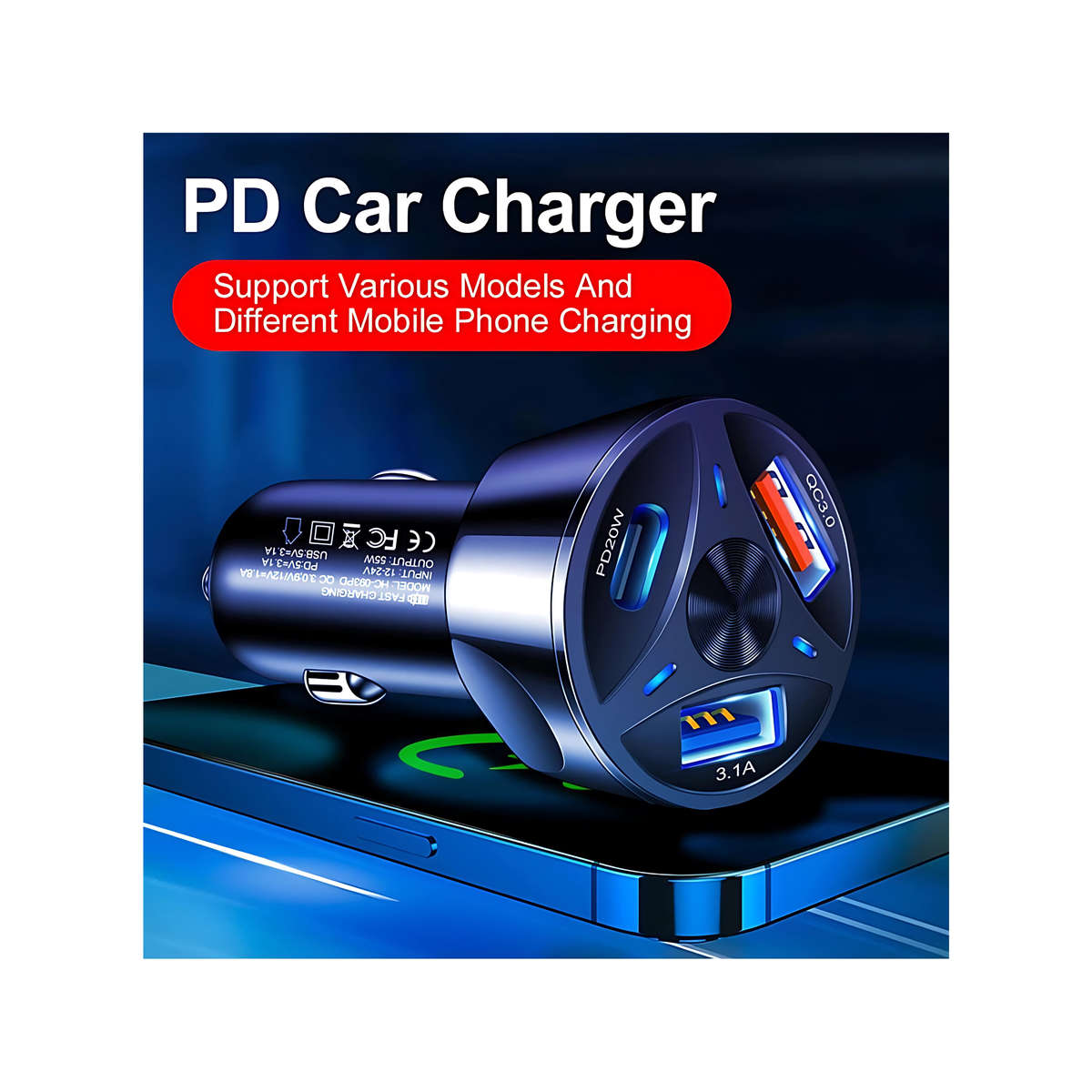 Fast Car Charging Adapter 55W With 2 USB + Type C Port-LED Indicator-NG-181