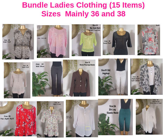 Bundle of  Mixed  Used Woman Clothing  - Size 34 to 40   - (15) Fifteen Items in Bundle