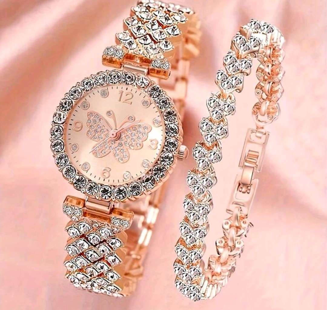2pc pink diamond decor watch for woman