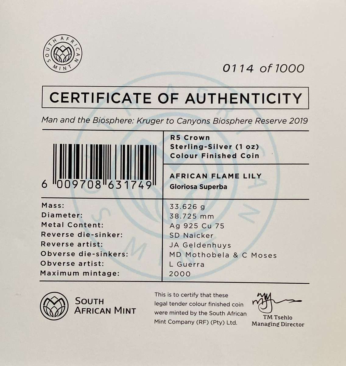 5 Rand African Flame Lily - Colourized. 1oz .925 Silver with certificate 0114 of 1000