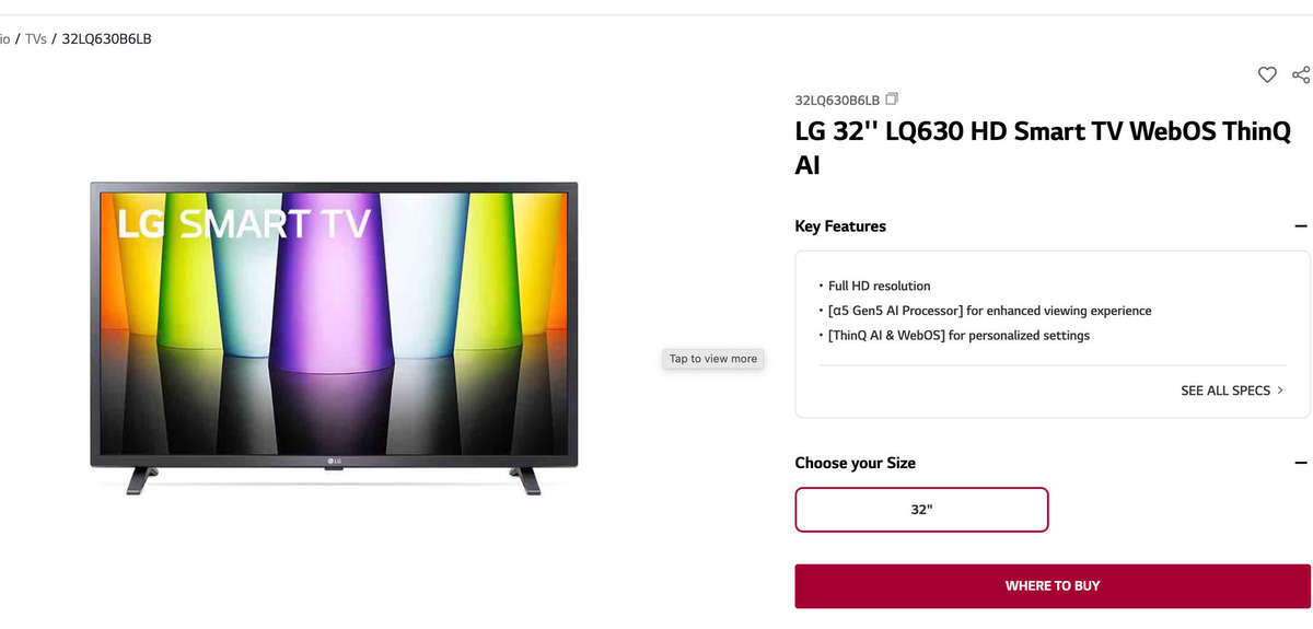 LG 32'' LQ630 HD Smart TV WebOS ThinQ AI
